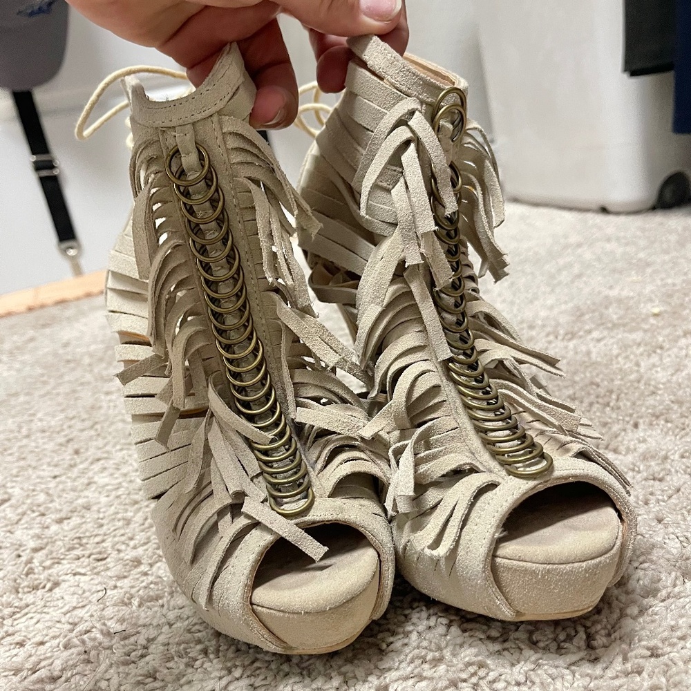 Beige Faux Leather Fringe Sexy High Heels Sz 8.5